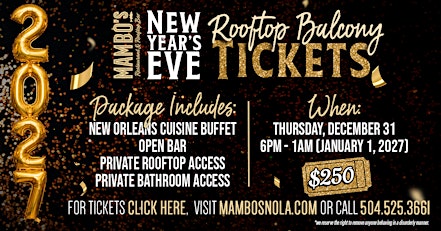 2027 New Year's Eve Balcony / Rooftop Tickets @ Mambo's