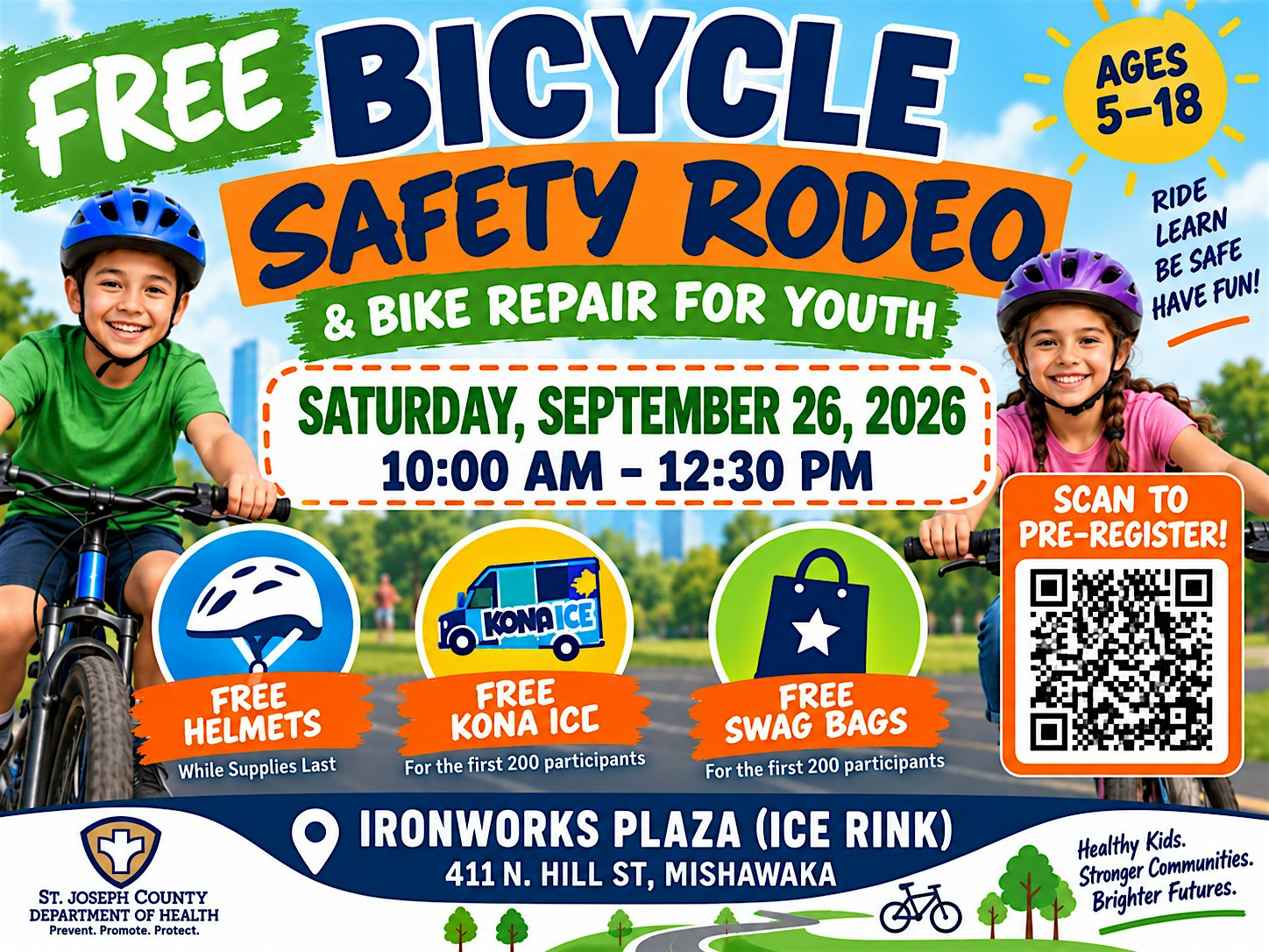 FREEHelmets, Bicycle Safety Rodeo, Youth Bike Repairs, and Bike Raffle