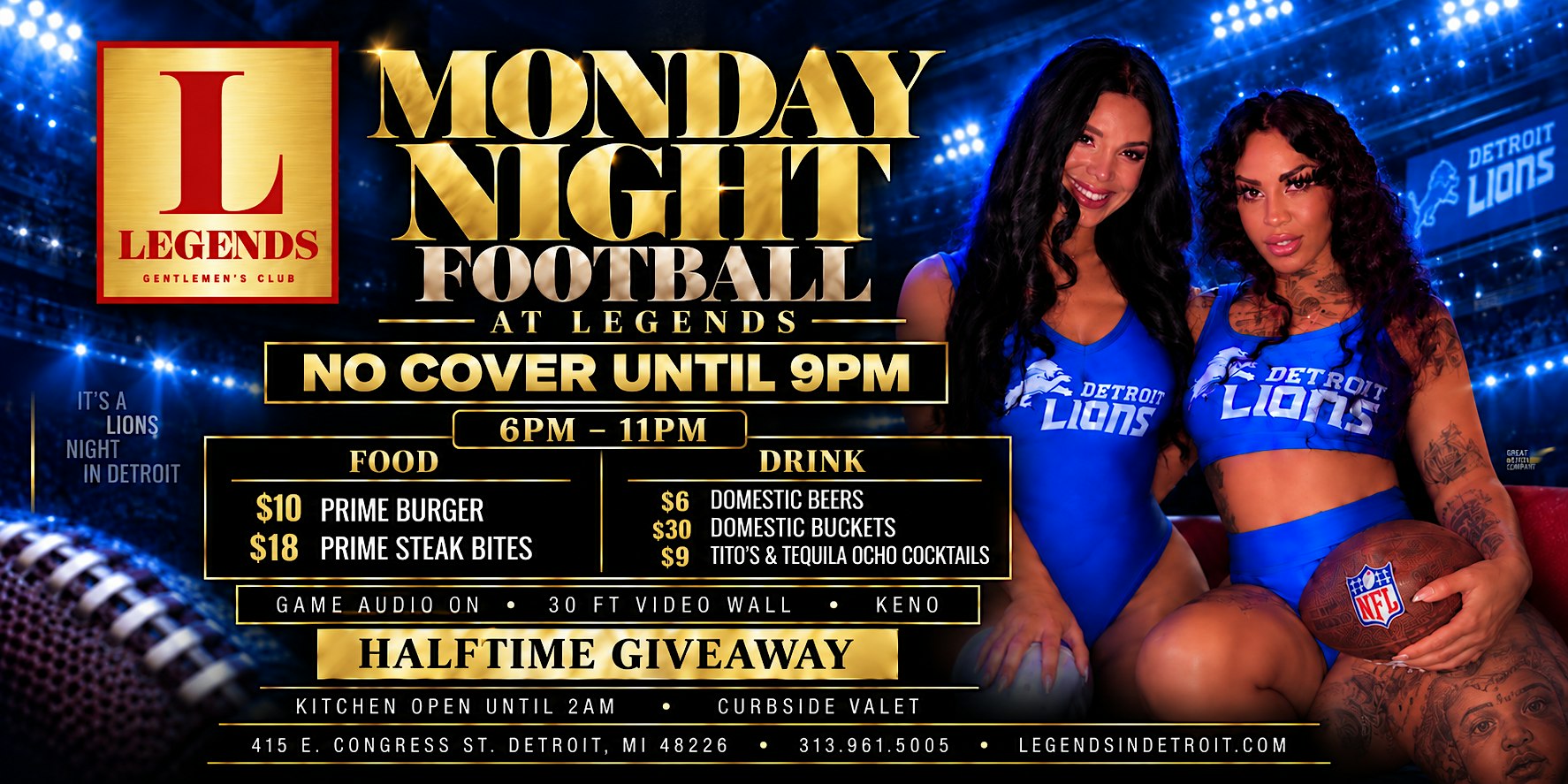 Monday Night Football @ Legends  | 30 FT Video Wall + Halftime Giveaway