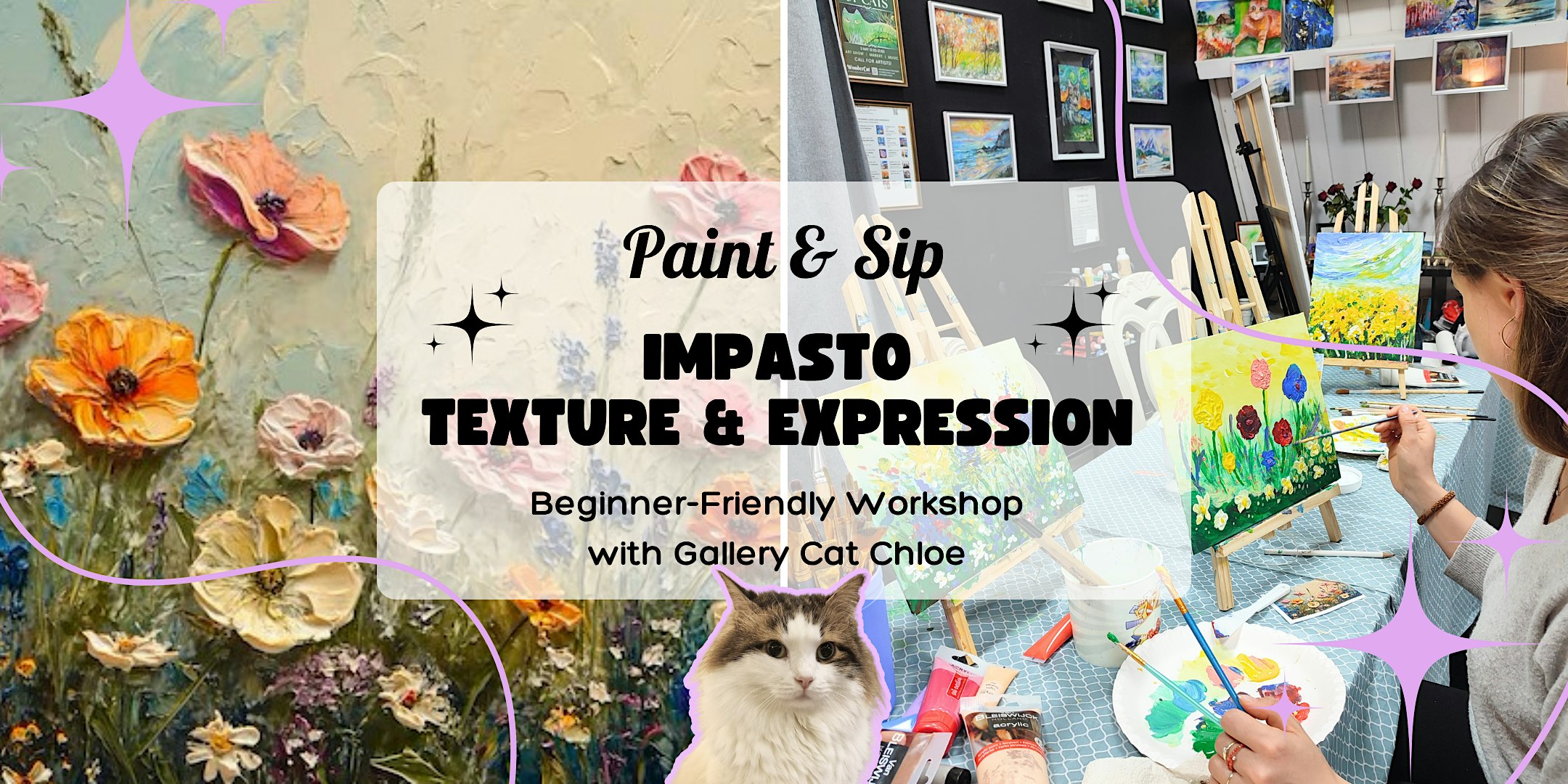 Impasto. Texture & Expression. Paint & Sip  in candlelight with gallery cat