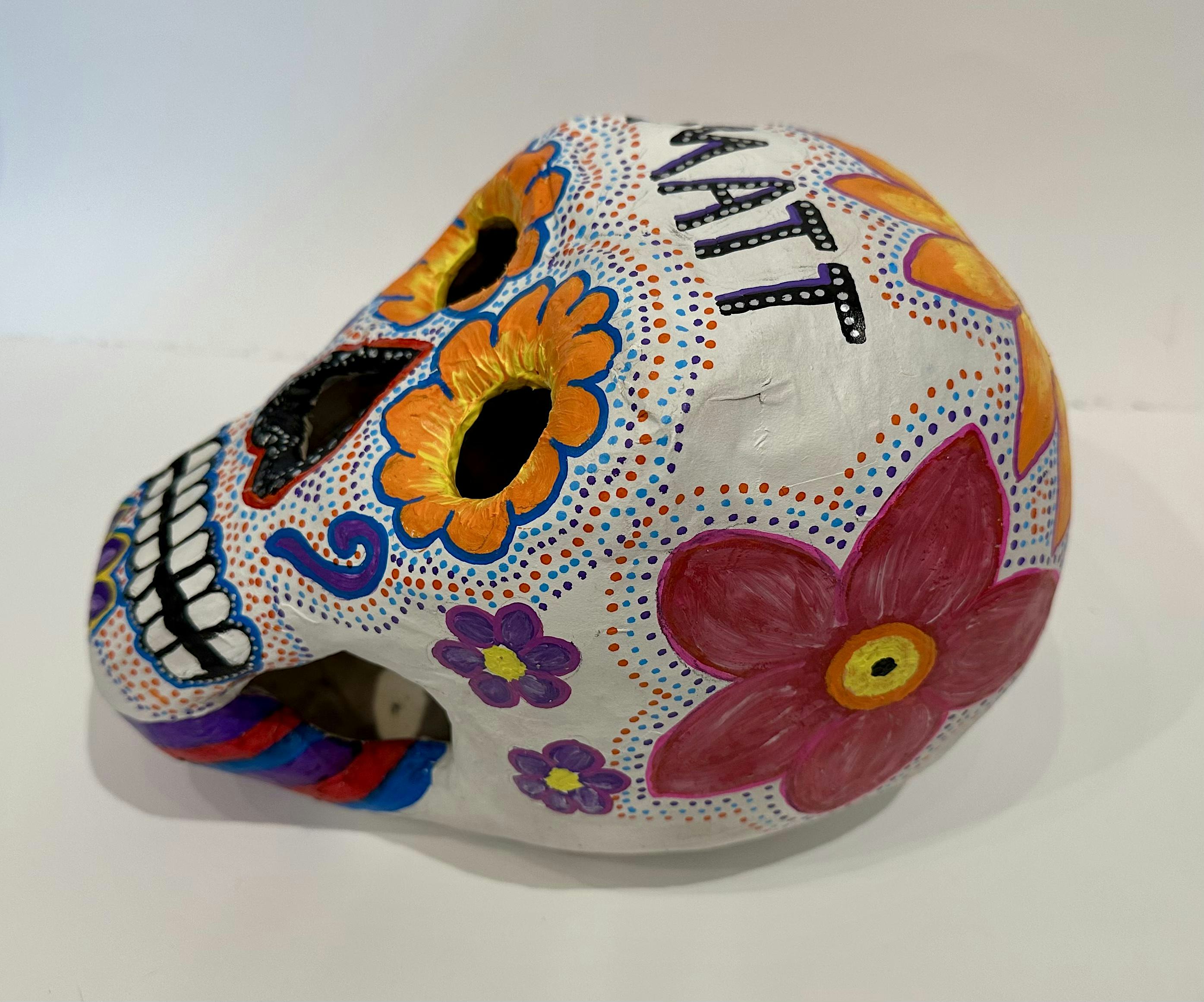 Paper Mache Sugar Skull Painting inspired by Mexico's annual Dia de Muertos