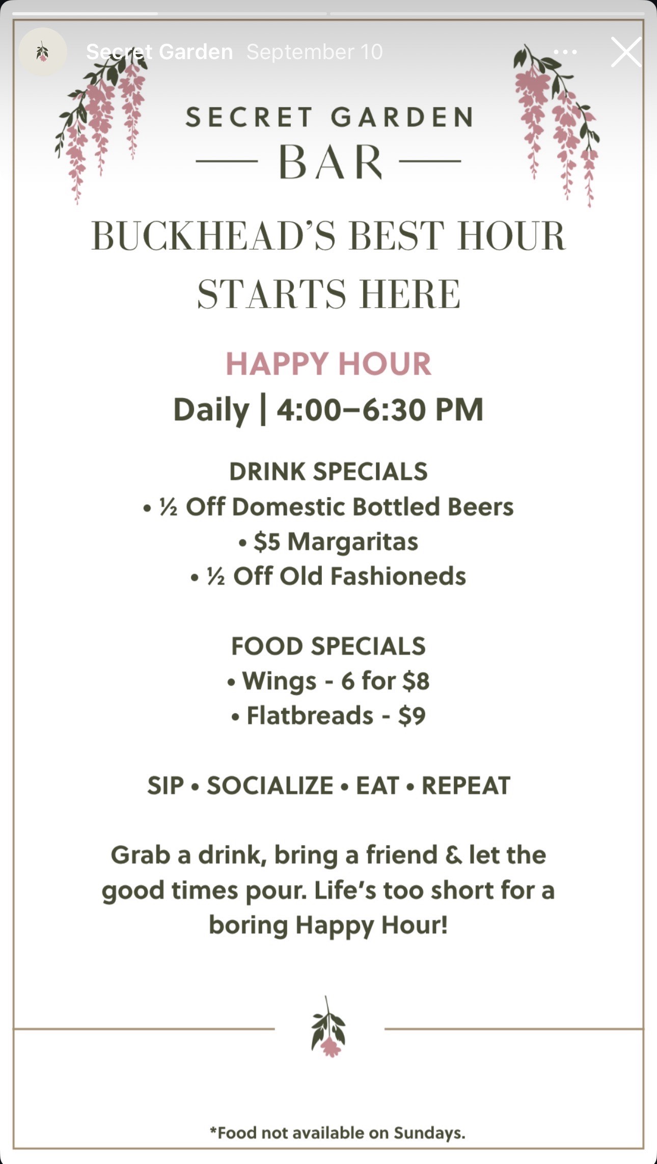 Secret Garden Happy Hour