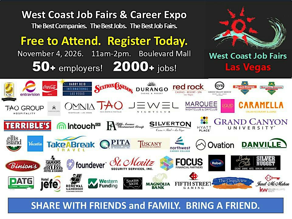 LAS VEGAS JOB FAIR.  5O EMPLOYERS.  2000 JOBS.  GET YOURS!