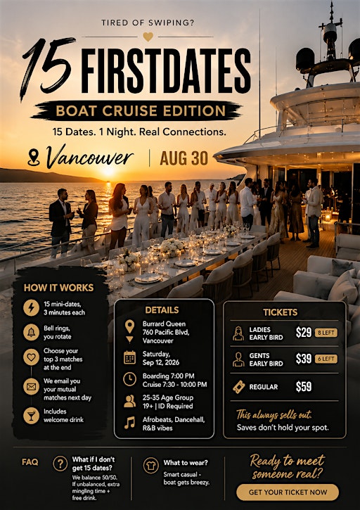 15FIRSTDATES VANCOUVER -Singles Boat Cruise.Ages 25-35