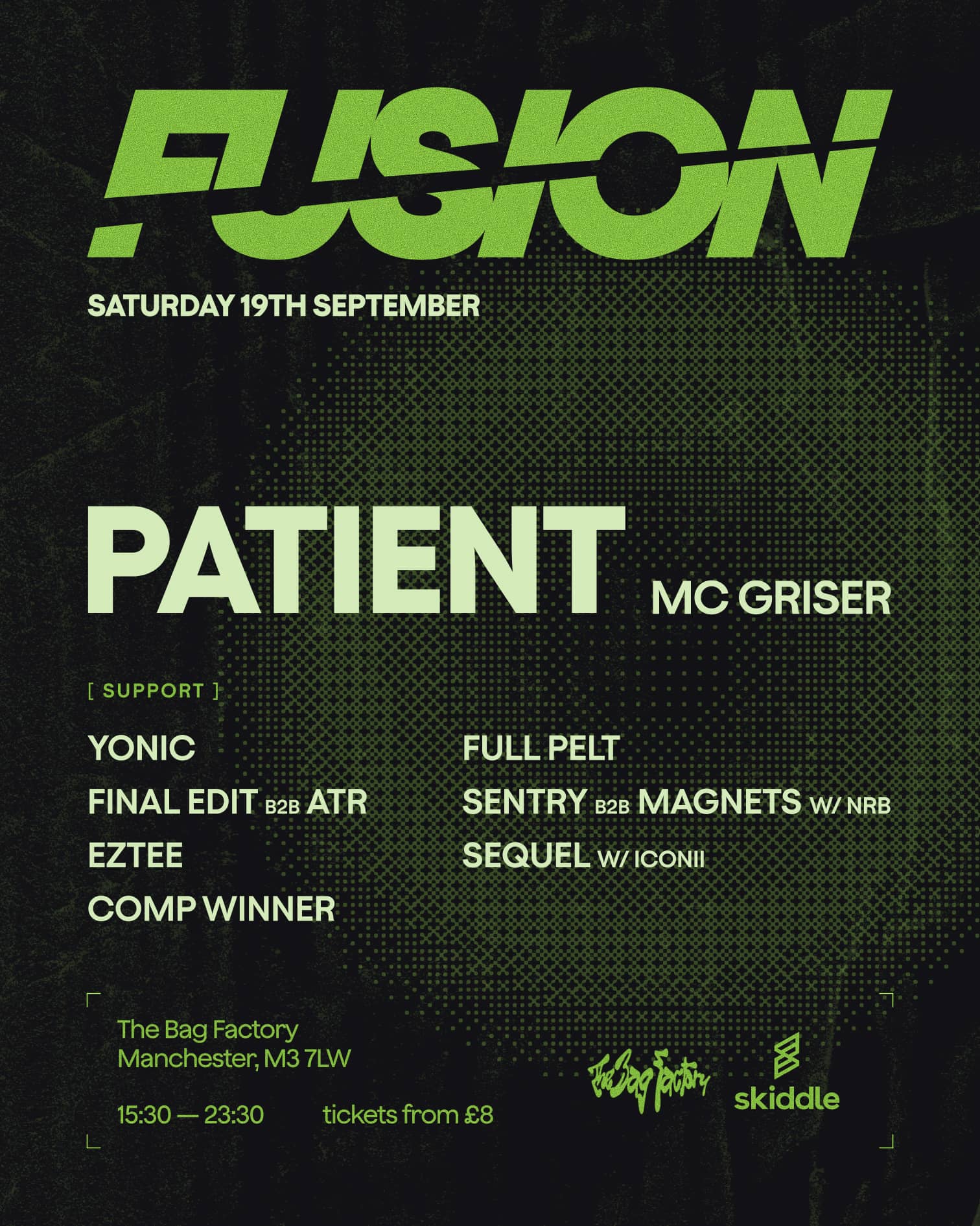 FUSION presents: Patient w/ Griser MC @ The Bag Factory