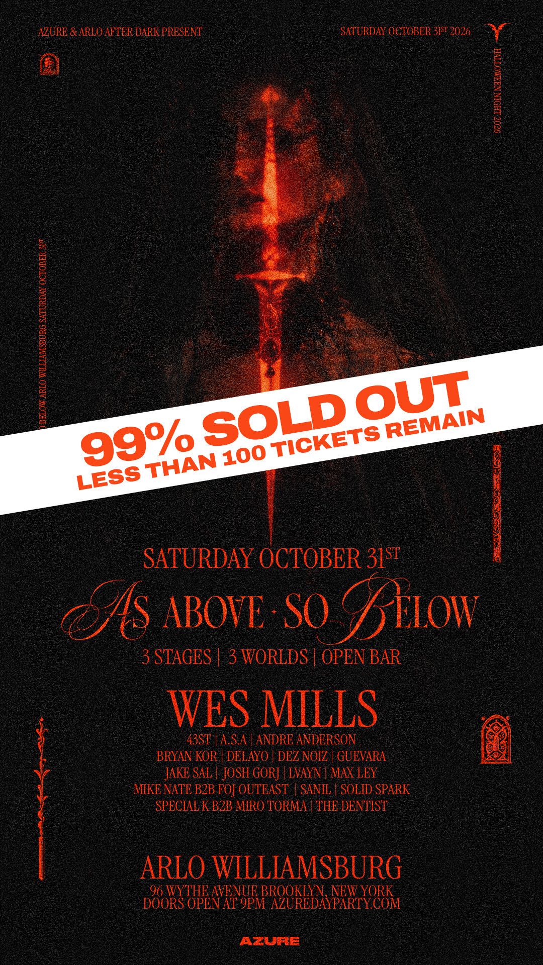Azure Presents: As Above So Below - Halloween Saturday October 31st 2026 w/ Wes Mills | 3 Floors 3 Stages 1 Hour Open Bar