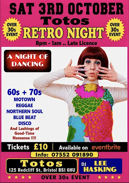 Retro night Totos 3rd Oct Dj Lee Hasking over 30s event