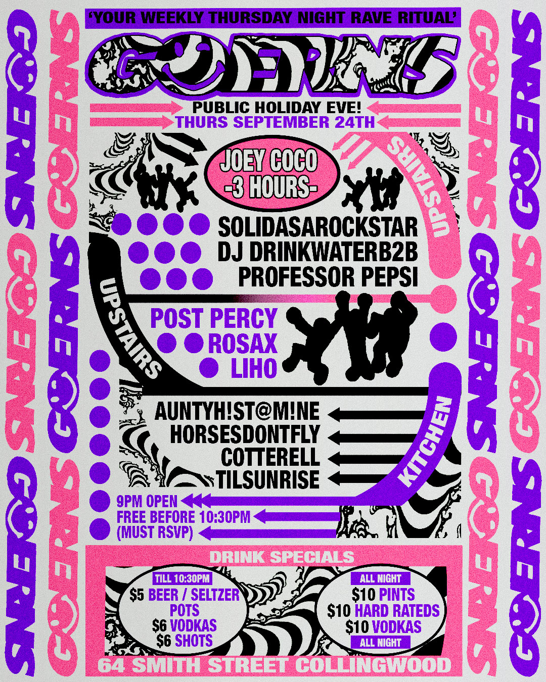 Guerns Thurs: Grand Final Eve: Joey Coco [3hrs] - Full Venue + $4 Drinks*