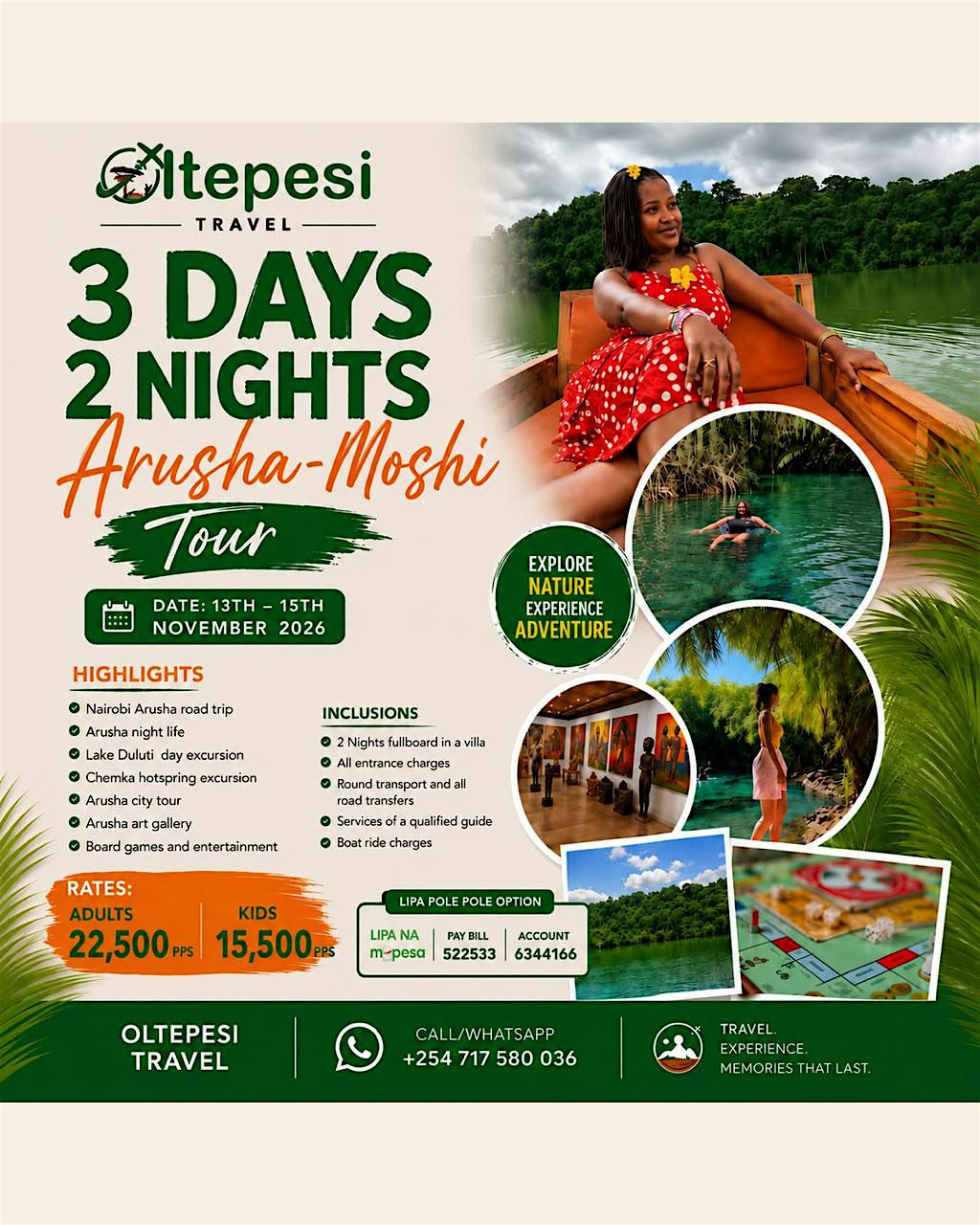 3 Days 2 Nights Arusha-Moshi Trip @ KES 22500 only