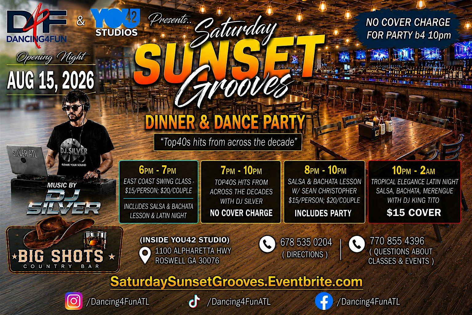 Saturday Sunset Grooves Dinner & Dance Party ATL  @ Big Shots Country Bar