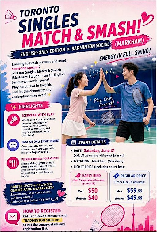 !!English!!❤️Chinese Speed Dating 【Badminton+Afternoon Tea】 (Markham)