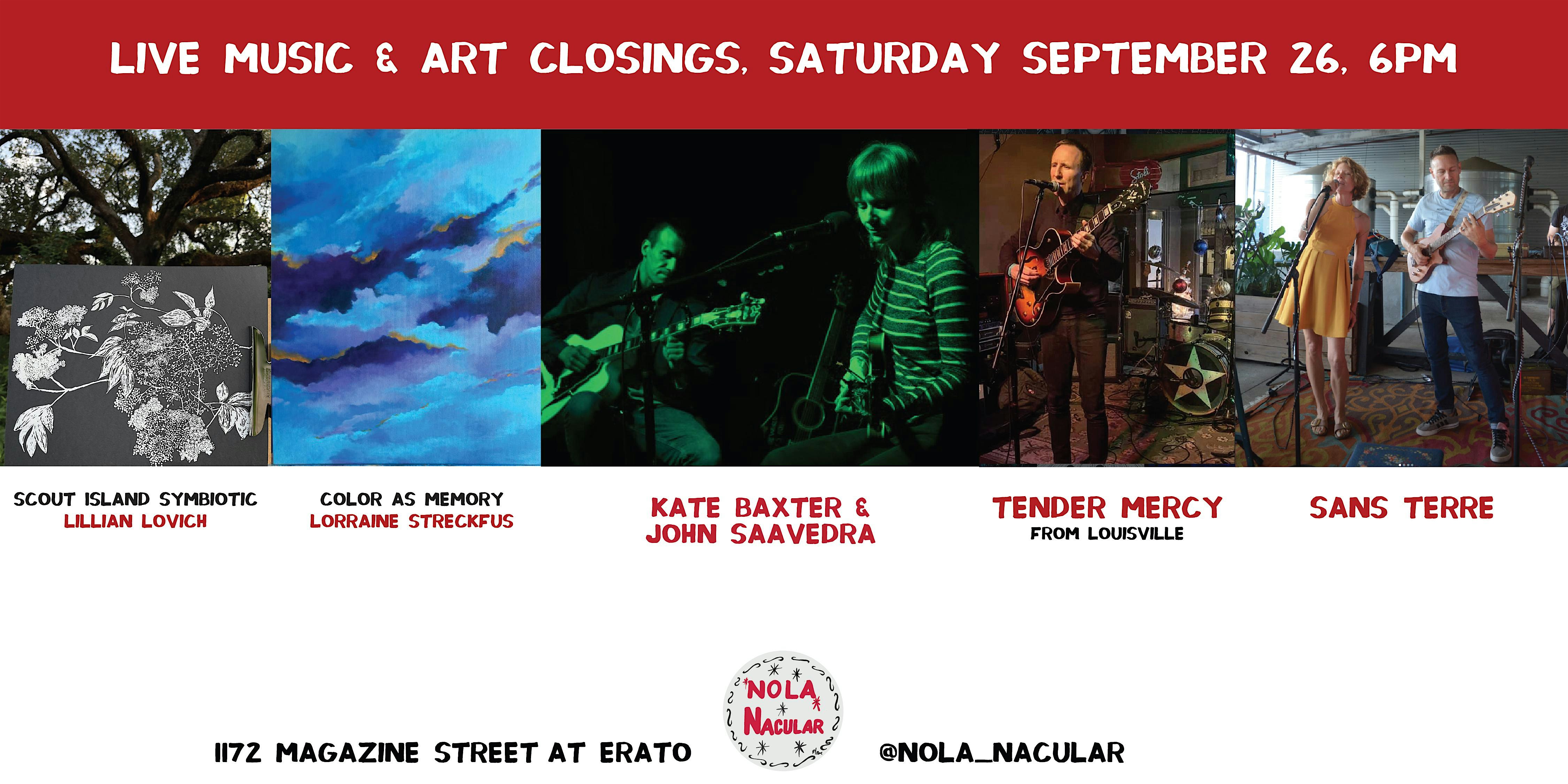 Kate Baxter & John Saavedra, Tender Mercy, and Sans Terre - live music