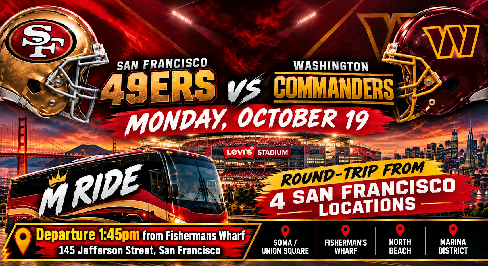 49ers vs. Commanders Round-Trip SHUTTLE BUS FROM SF (FISHERMANS WHARF)