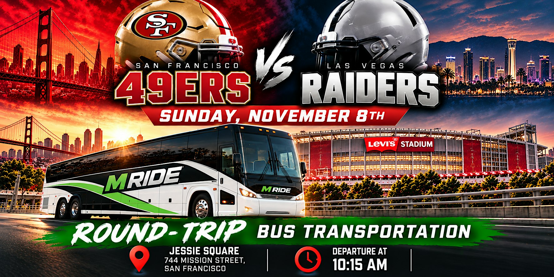 49ers vs. Raiders Round-Trip SHUTTLE BUS FROM SF (DOWNTOWN / SOMA)