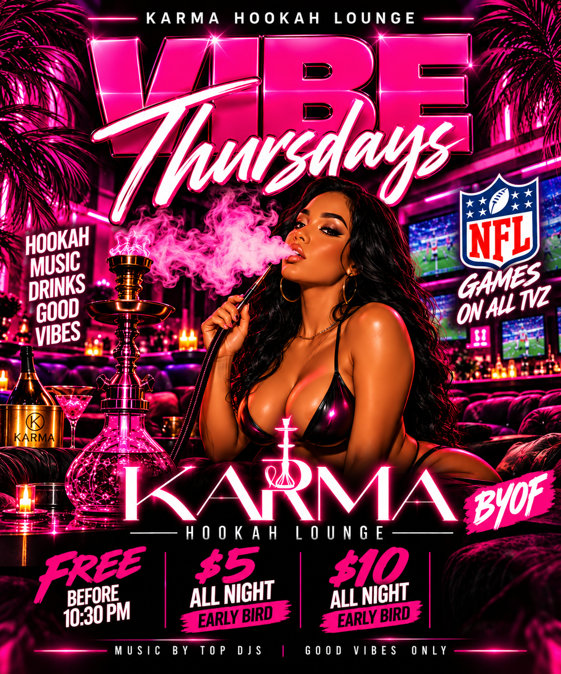The best Thursday night in the city! 🔥 FREE hookah before 10PM, FREE entry before 10:30PM! Vibe Thursdays at Karma Hookah Lounge — early bi