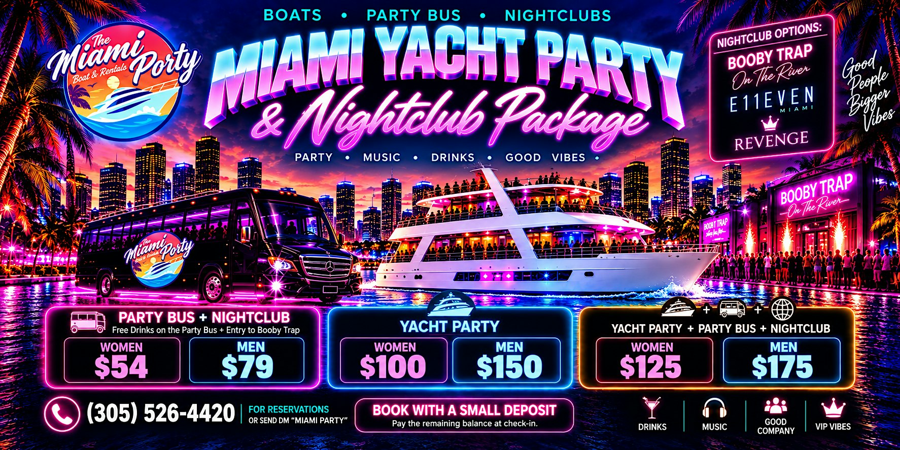 Miami Yacht Party & VIP Nightclub Package | Open Bar + Party Bus