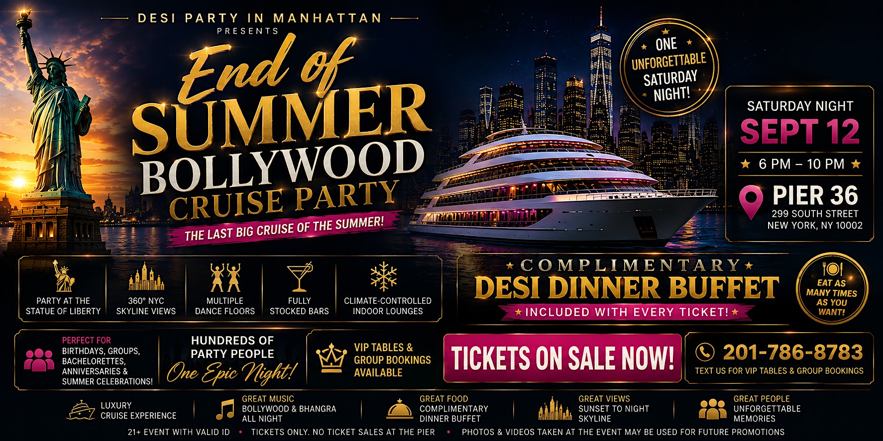 Bollywood Cruise Party Desi Dinner Buffet  Saturday Night Sep 12