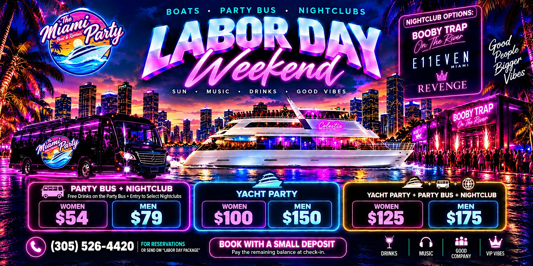 Miami’s #1 Night-Club Package - Labor Day Yacht Party,  Party Bus & Drinks