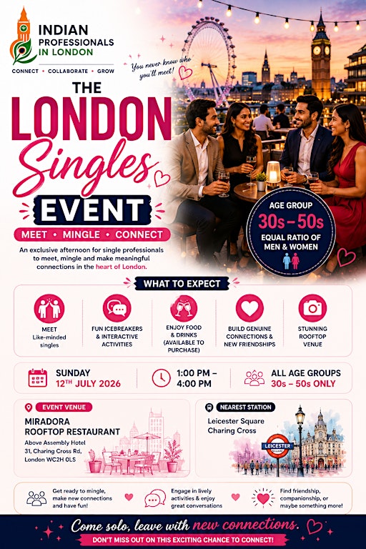 Indian Professionals in London Singles Event for All Age Group  30s-50s