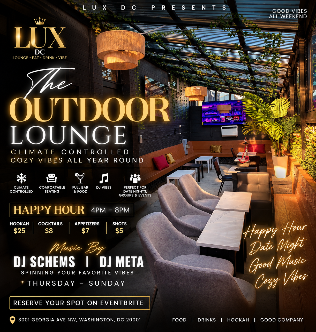 Lux DC Indoor/Outdoor Lounge | Happy Hour • Date Night • Cozy Vibes • Live DJs