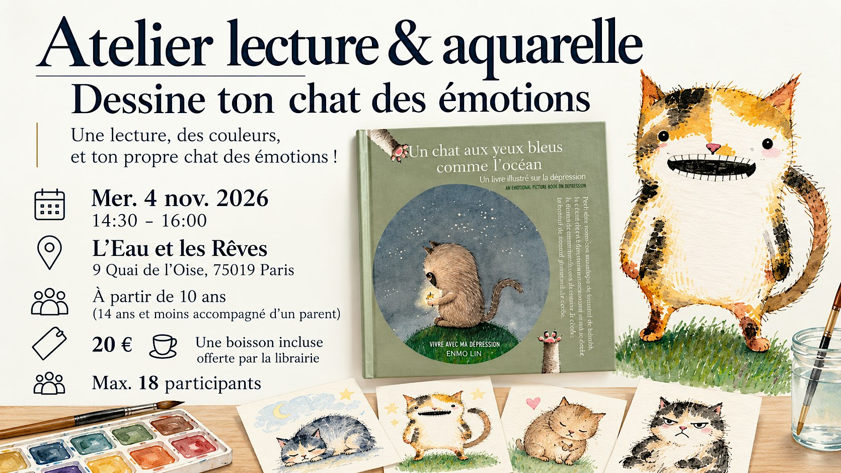 Atelier lecture & aquarelle : Dessine ton chat des émotions