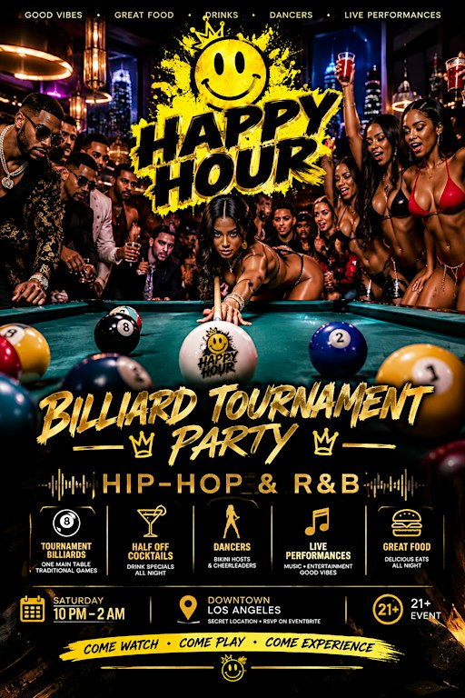 HAPPY HOUR — THE BILLIARD EXPERIENCE  POOL. MUSIC. ENERGY. COMPETITION.
