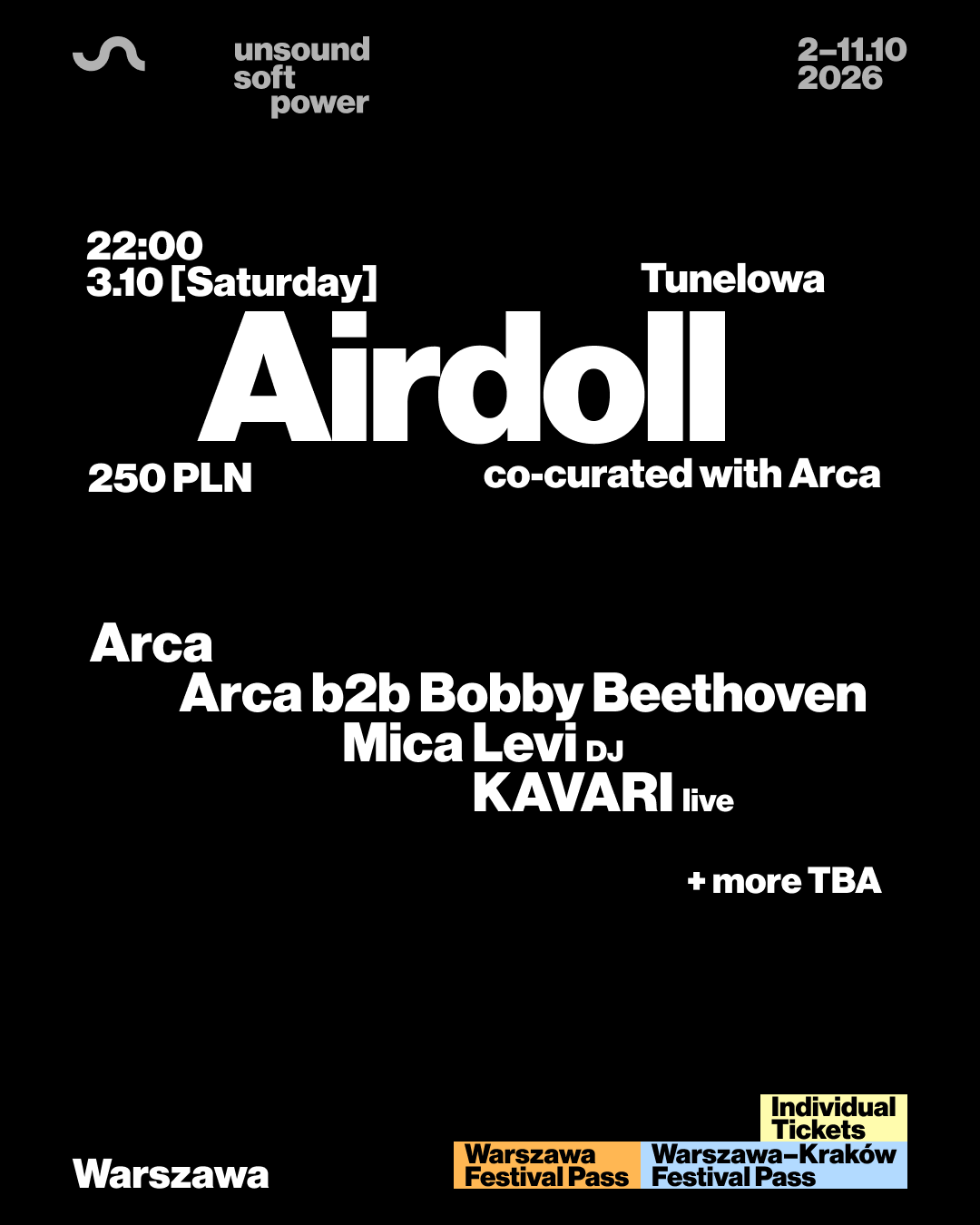 Unsound Warszawa 2026: Arca presents AIRDOLL - Arca / Bobby Beethoven / KAVARI / Mica Levi