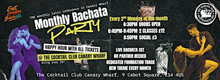 Monthly Bachata Party Night in Canary Wharf – Classes + Social + Happy Hour