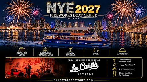 Miami NYE 2027 Fireworks Boat Party | Open Bar & Live DJ
