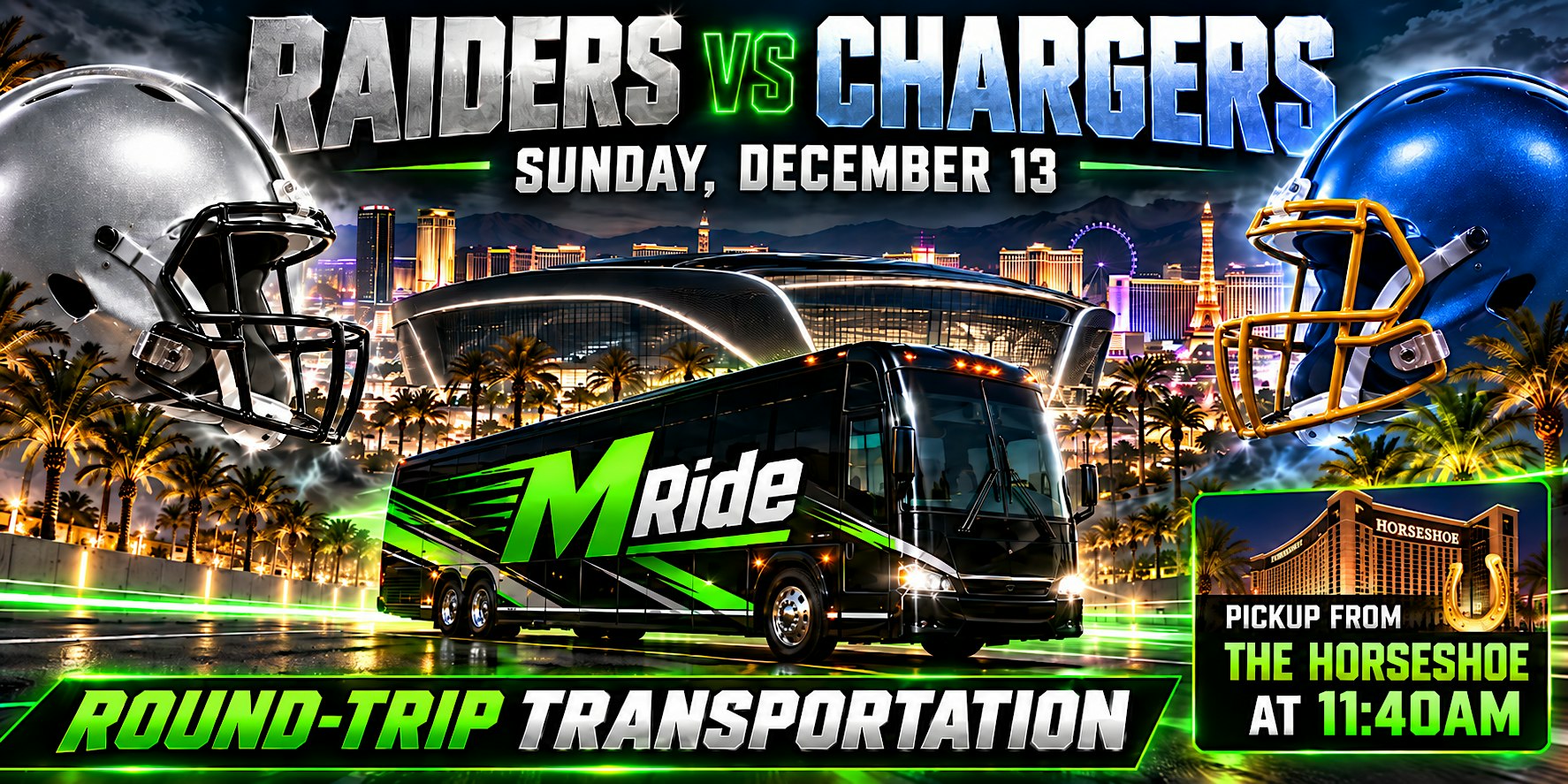 Las Vegas Raiders vs. Los Angeles Chargers ROUNDTRIP SHUTTLE FROM HORSESHOE