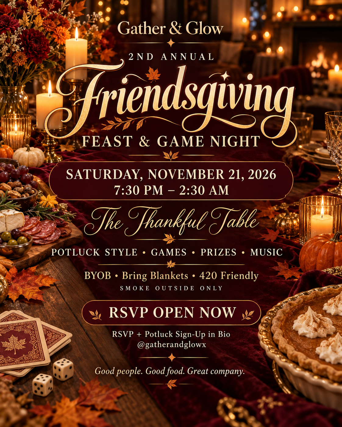 Gather & Glow’s 2nd Annual Friendsgiving: Feast & Game Night 🍽️🎲
