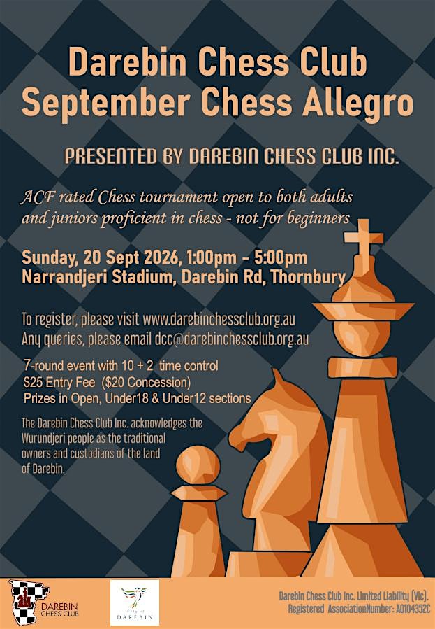 Darebin Chess Club, September 2026 Chess Allegro