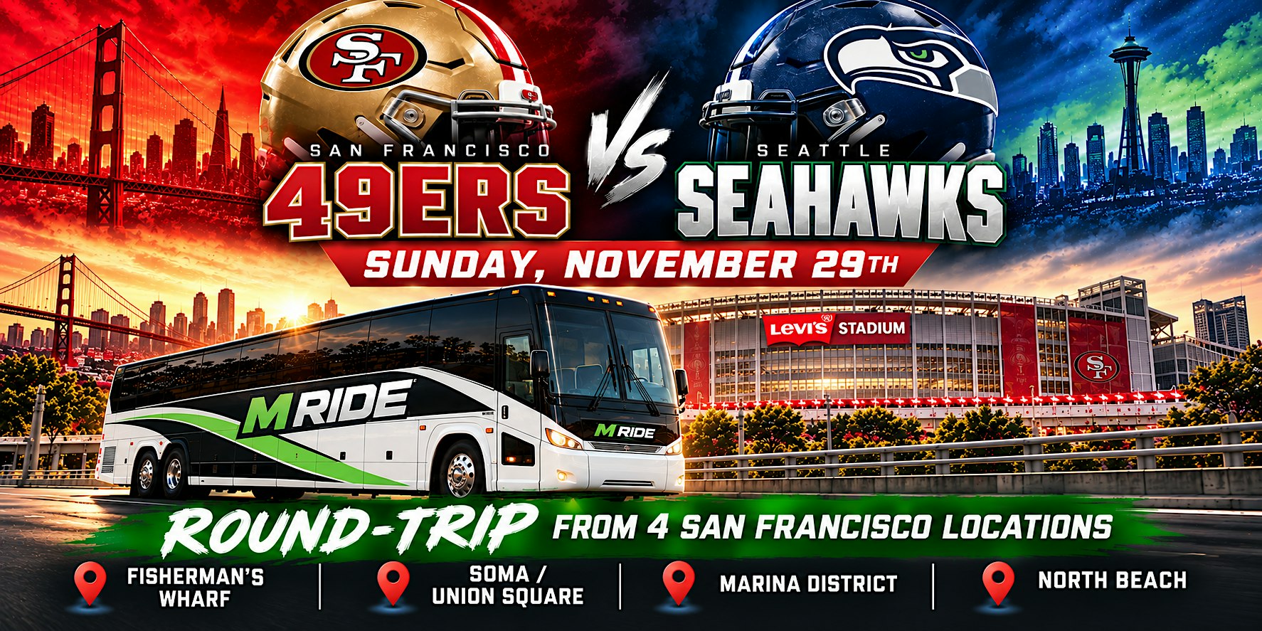 49ers vs. Seahawks Round-Trip SHUTTLE BUS FROM SF (DOWNTOWN / SOMA)