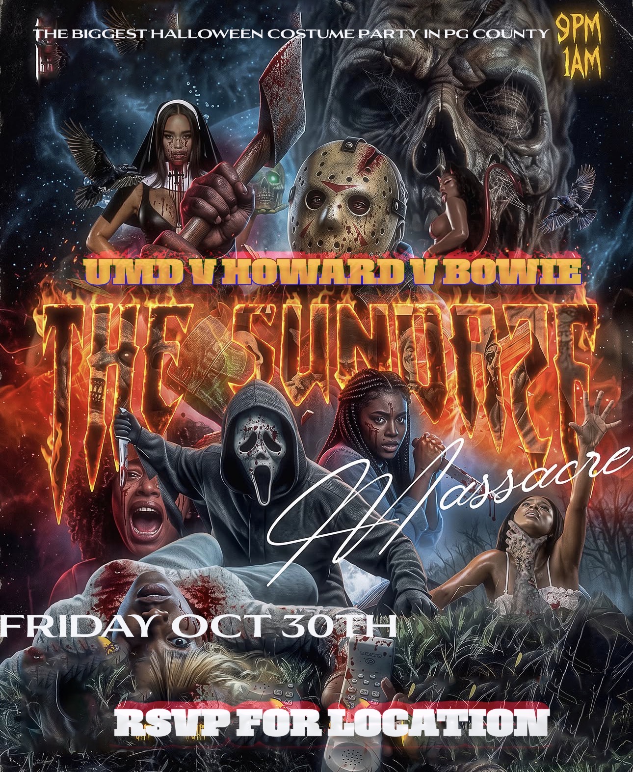 THE SUNDAZE MASSACRE 

BIGGEST HALLOWEEN COSTUME PARTY PARTY IN PG COUNTY 🎃