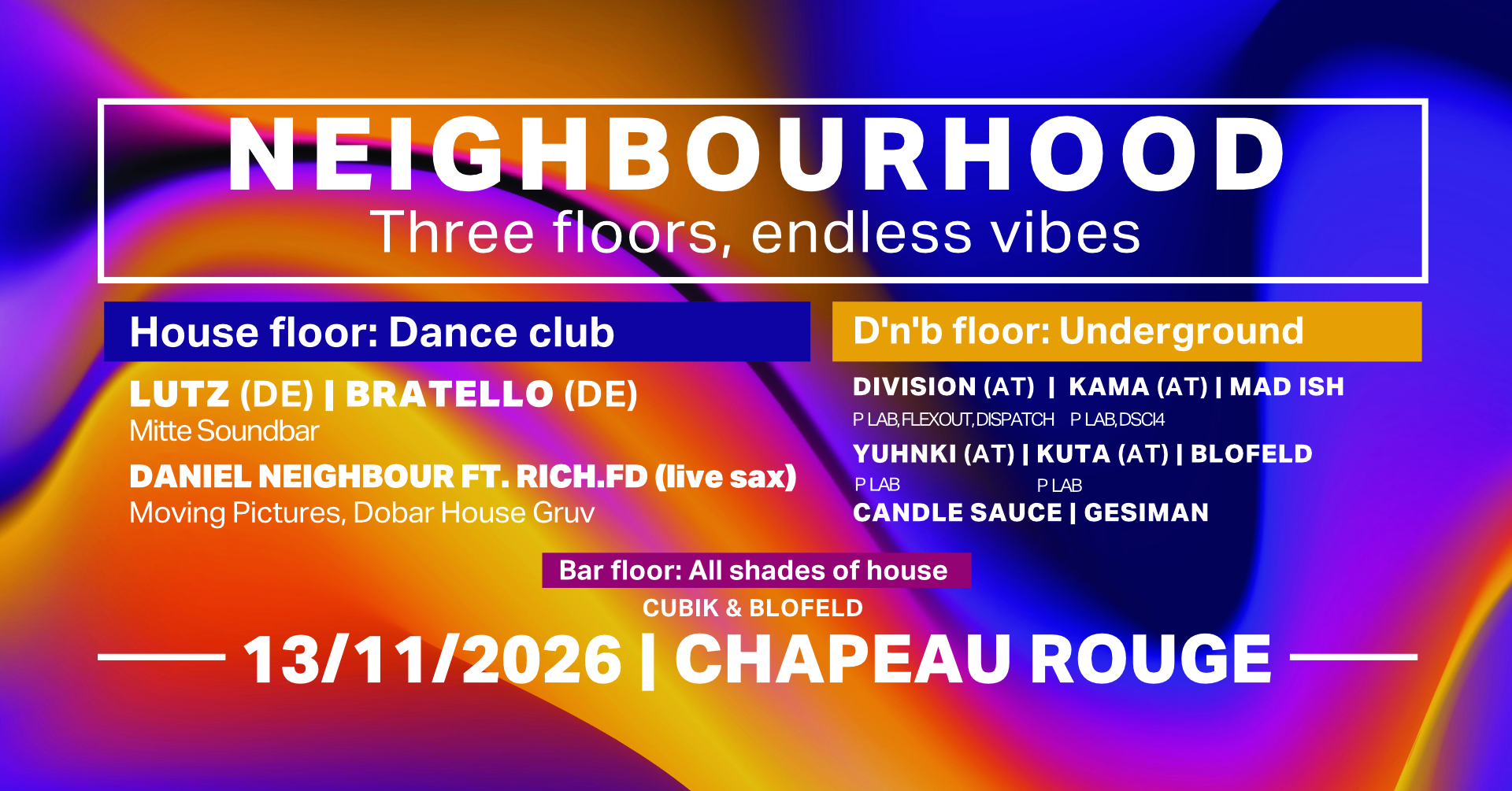 Neighbourhood w/Lutz (DE) & Division (AT) - three floors: house, deep & tech house, dnb