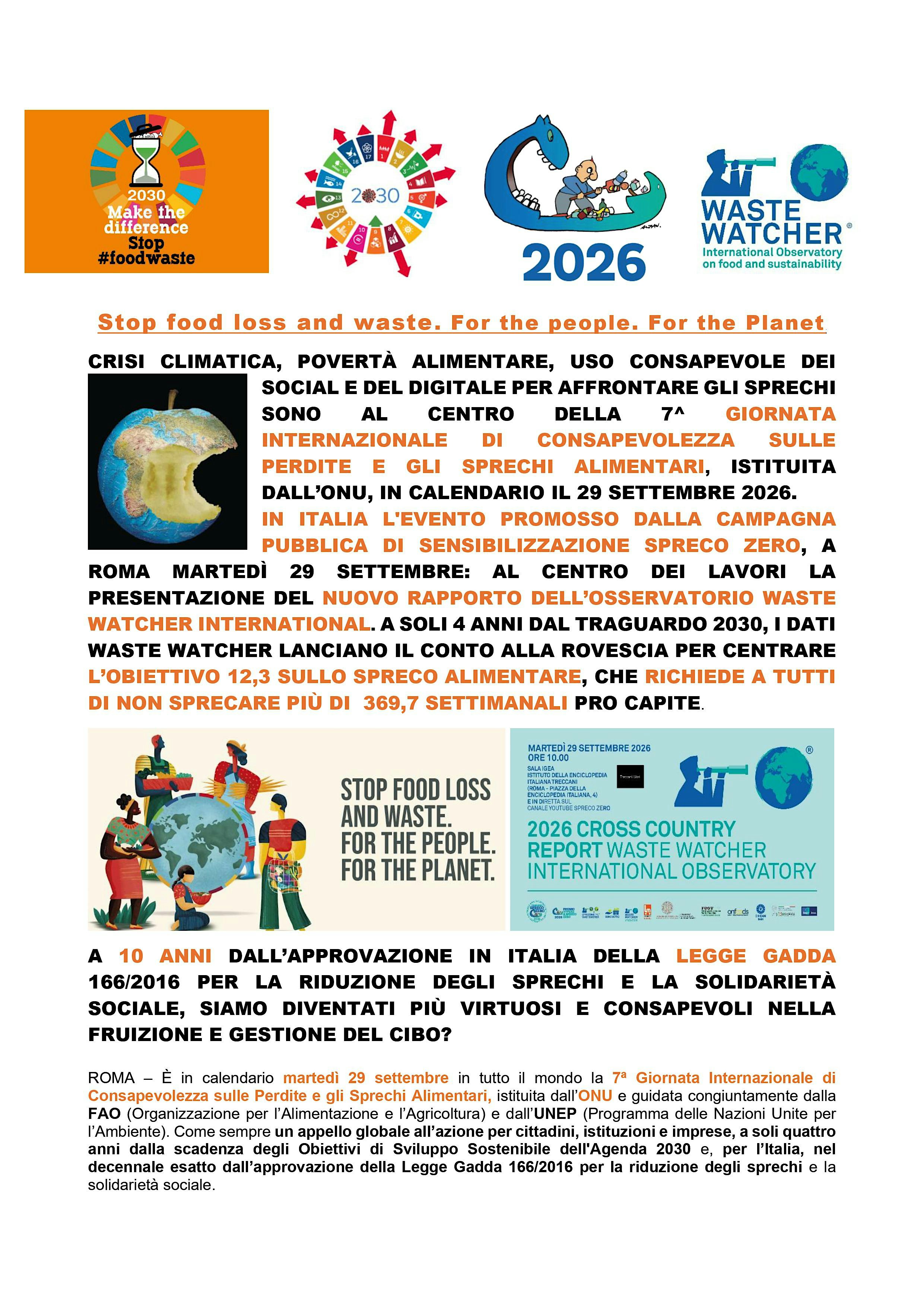 7ª Giornata Internazionale della Consapevolezza sulle perdite e gli sprechi