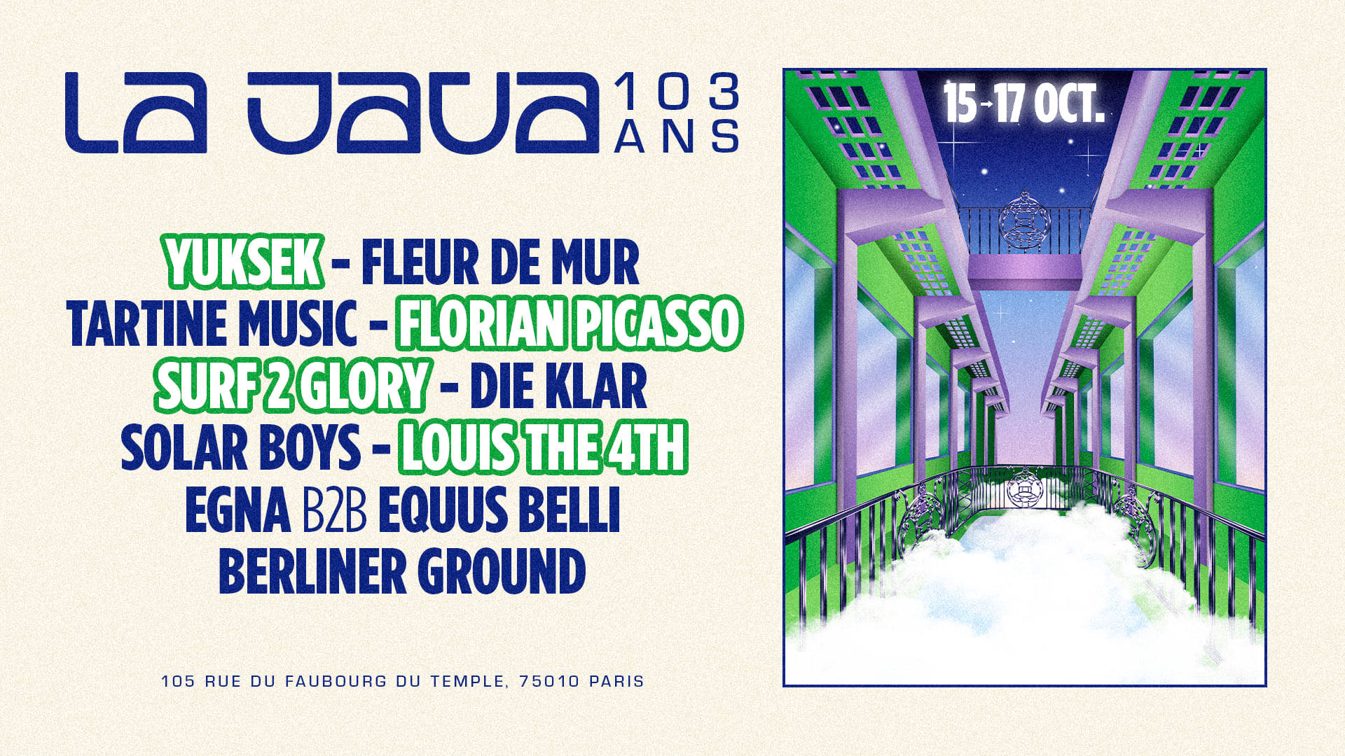 🥳 La Java fête ses 103 ans du 15 au 17 octobre ! 3 nuits, 3 ambiances entre techno, trance et French Touch. Prends ta place et viens célébrer plus d’un siècle de fête, de partage et de danse 🎟️