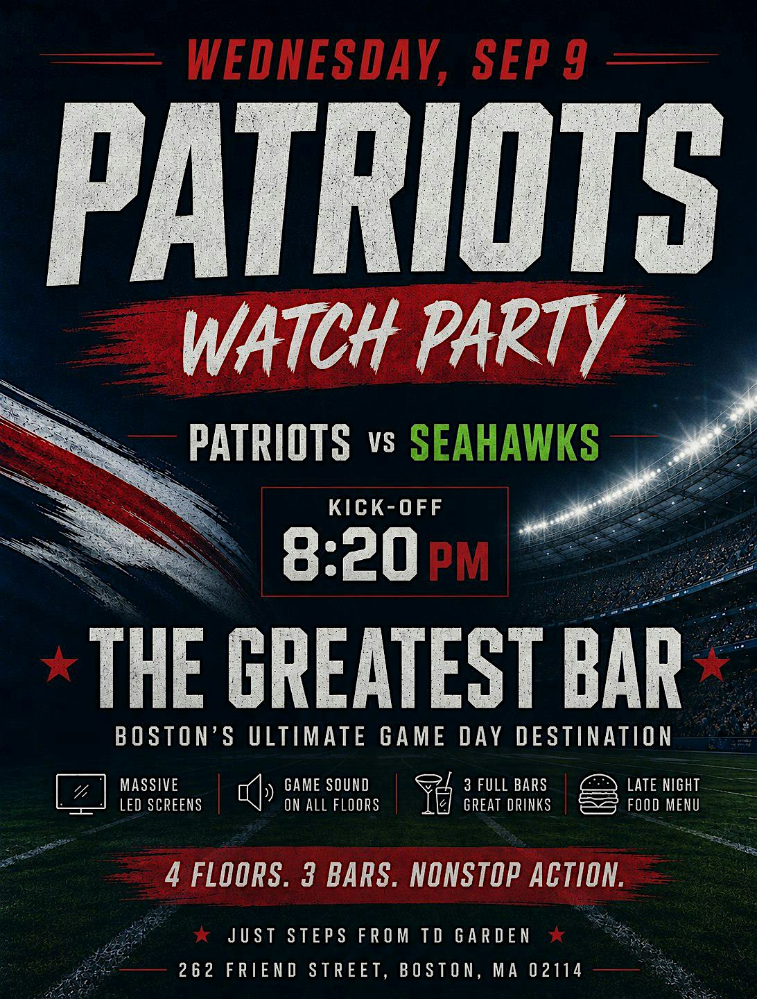 Patriots vs Seahawks Watch Party at The Greatest Bar