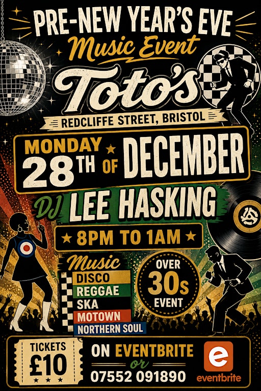Over 30s  TOTOS Pre New Years  Eve event 28th Dec Dj Lee Hasking 8pm ±1am