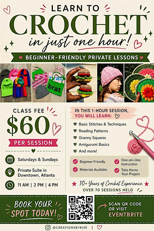 Crochet Lessons - In Person in Atlanta, GA Saturdays & Sundays