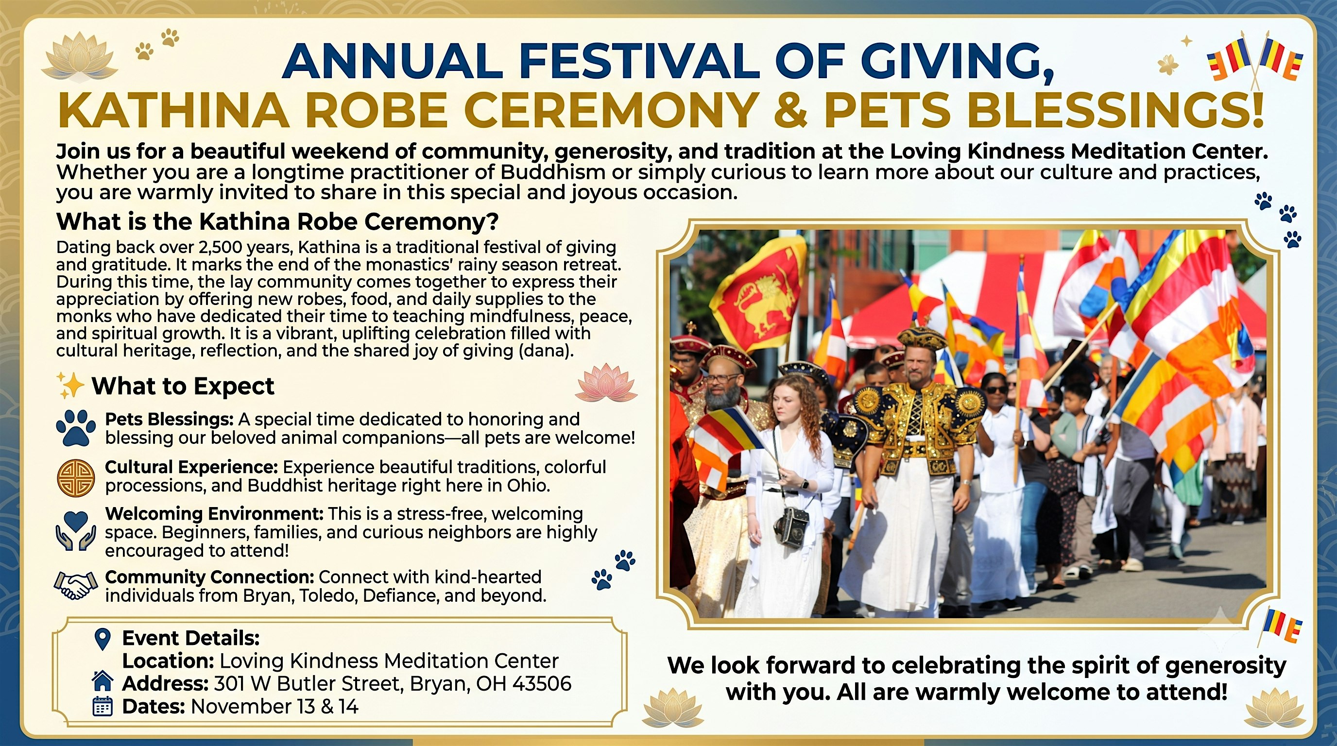Annual Festival of Giving, Kathina Robe Ceremony & Pets Blessings
