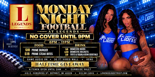Monday Night Football @ Legends  | 30 FT Video Wall + Halftime Giveaway