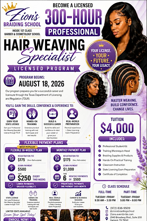 300-Hour Professional Hair Braiding & Weaving Specialist Licensed Program