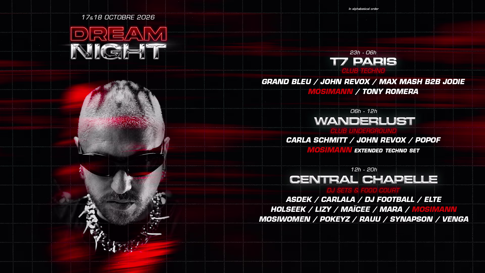 🚨 La Dream Night de Mosimann approche à grands pas ! Entre ses deux Zéniths les 17 et 18 octobre, il se lance dans un marathon de 24 heures de live entre T7, Wanderlust et Central Chapter. Prends ta place pour cette fête XXL 🎟️