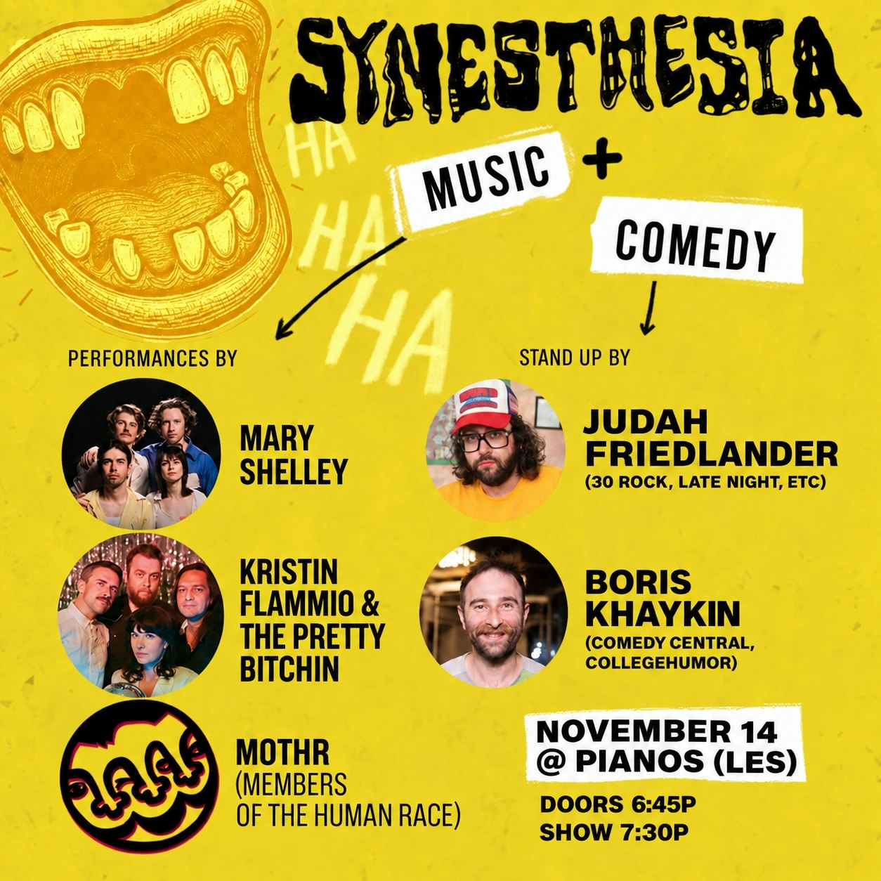 SYNESTHESIA Music + Comedy w/ Boris Khaykin • Mary Shelley •  Judah Friedlander • Kristin Flammio & The Pretty Bitchin • Mothr