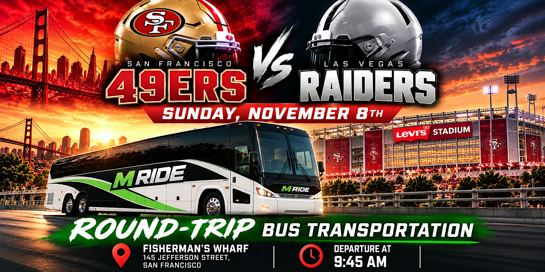 49ers vs. Raiders Round-Trip SHUTTLE BUS FROM SF (FISHERMANS WHARF)