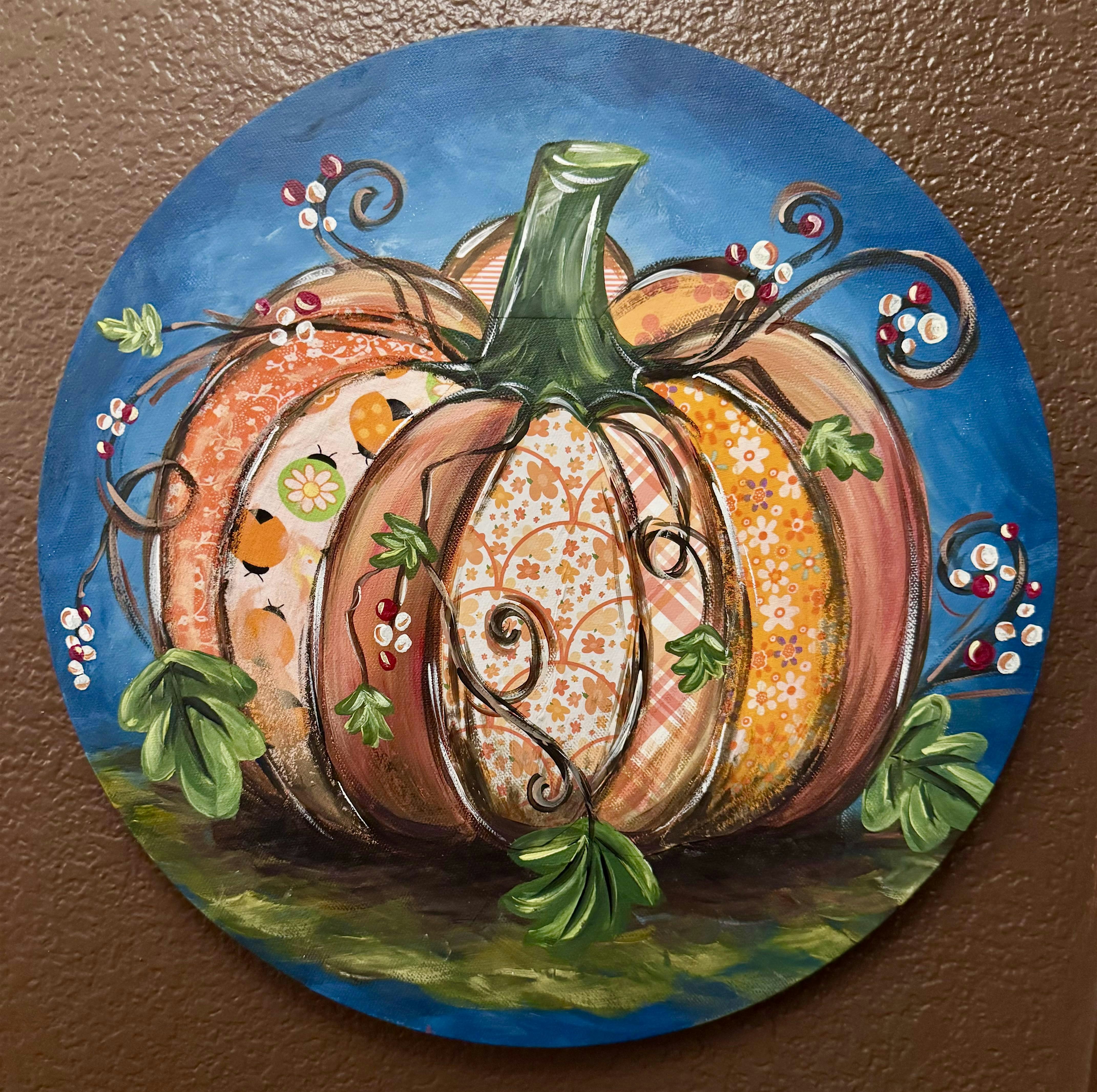 Playful Pumpkin Round Canvas Painting at Milly's Community Cafe