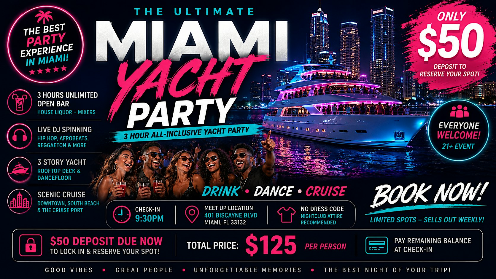 #1 Miami Boat Party - Yacht Party Booze Cruise w/ Open Bar & Live Music!