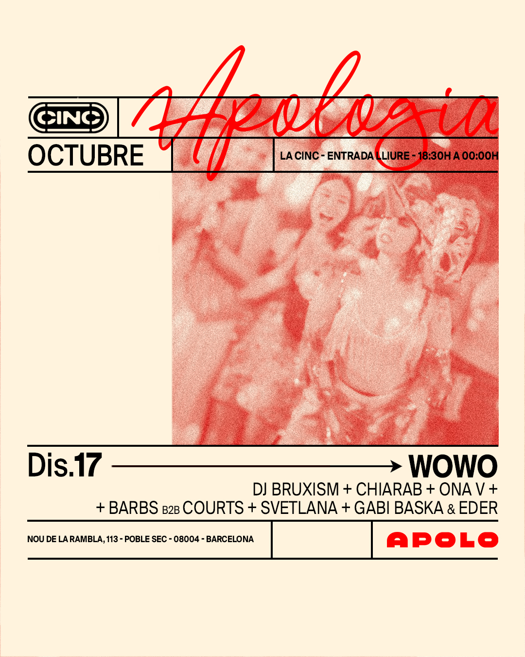 Apologia X WOWO: DJ Bruxism, CHIARAB, ONA V, Barbs B2B Courts, Svetlana, Gabi Baska & Eder