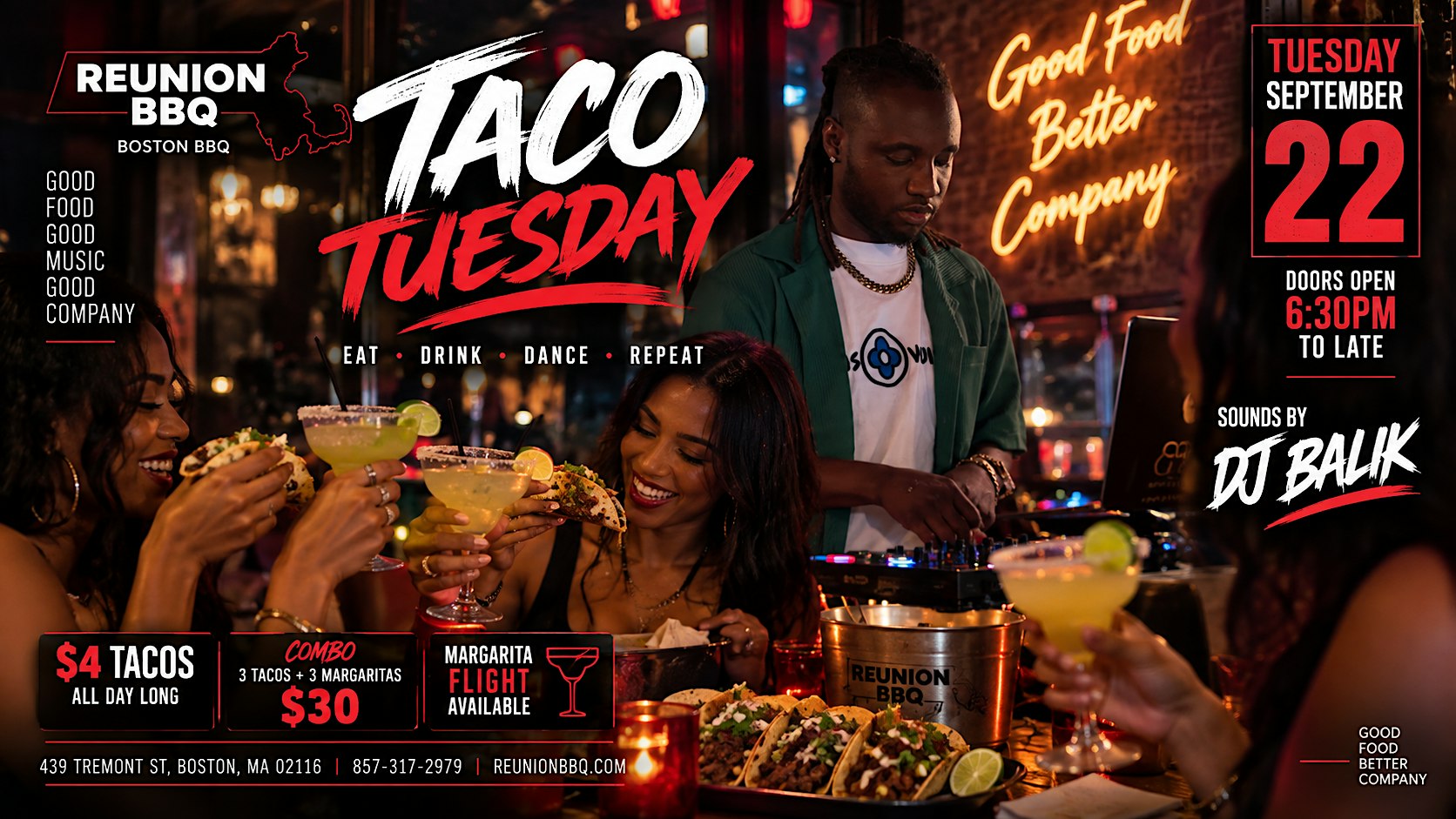 Tacos & Tequila Tuesdays at Reunion BBQ | $4 Tacos + DJ Ballack